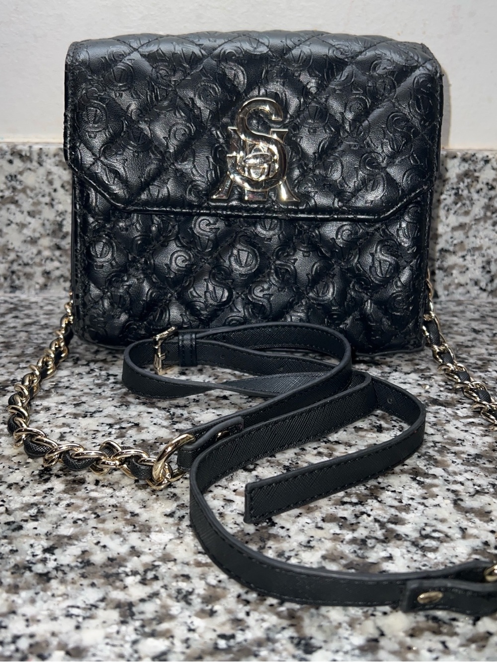Steve Madden Black Quilted Crossbody with Gold Chain